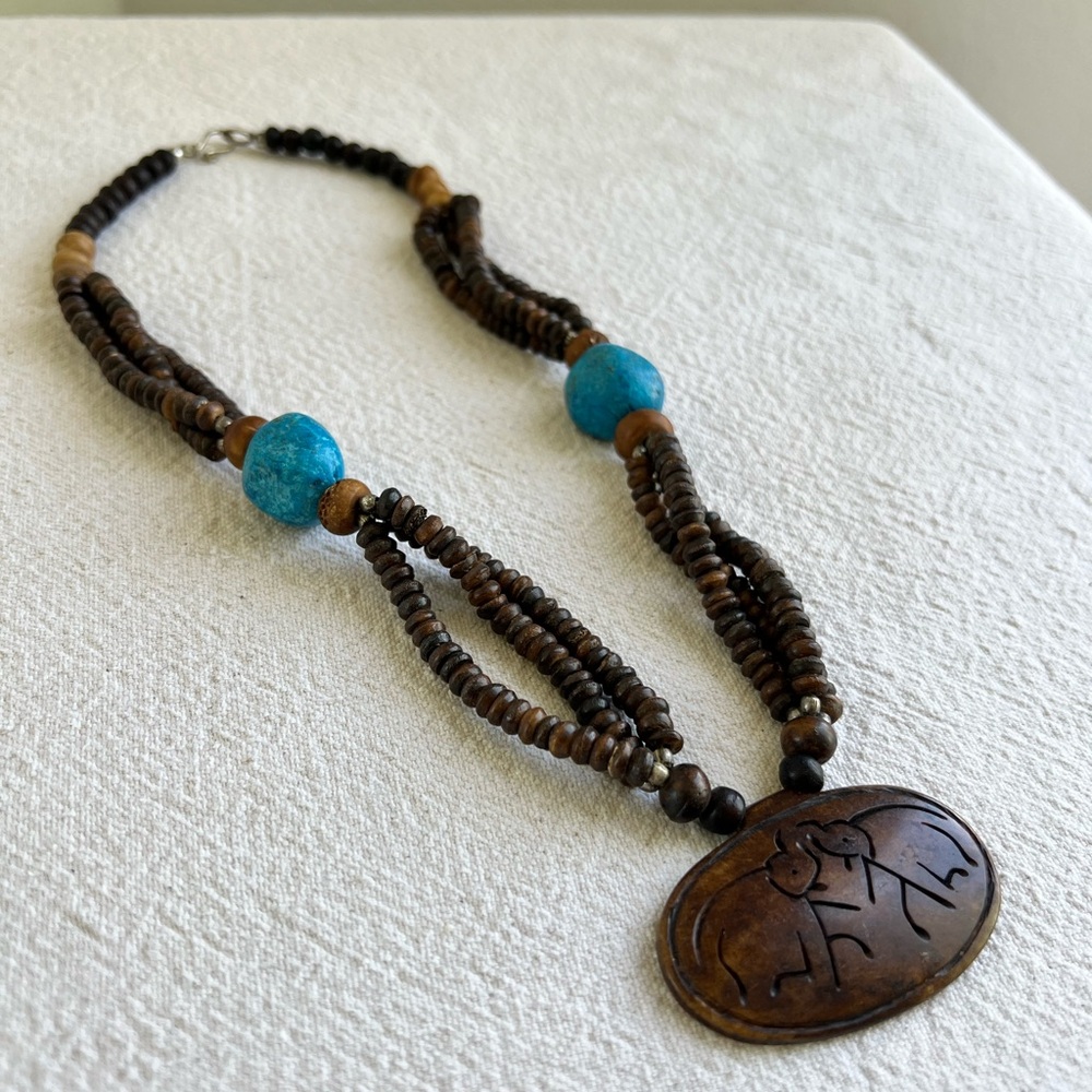African Brown and Blue Wooden Beads Necklace